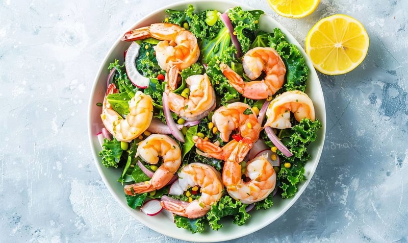 Shrimp and kale salad with lemon vinaigrette on a light blue background AI generated