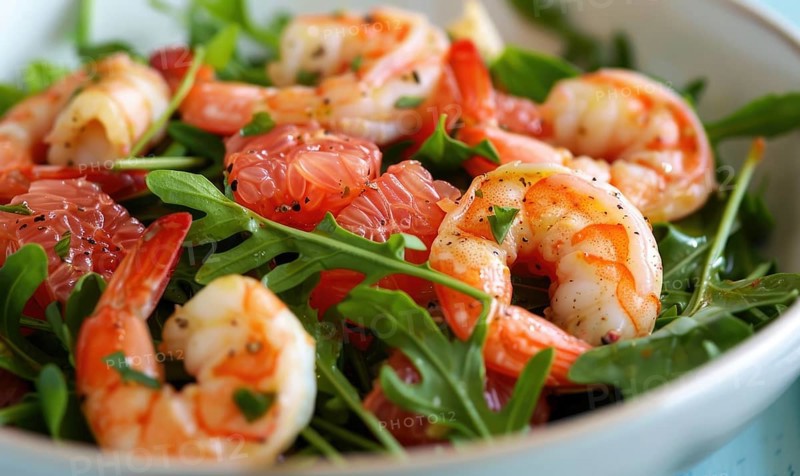 Shrimp and grapefruit salad with arugula on a light blue background AI generated