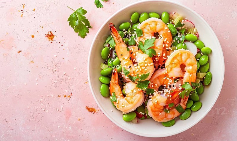 Shrimp and edamame salad with sesame seeds on a light pink background AI generated