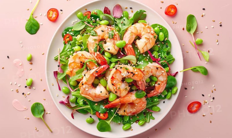Shrimp and edamame salad with sesame seeds on a light pink background AI generated