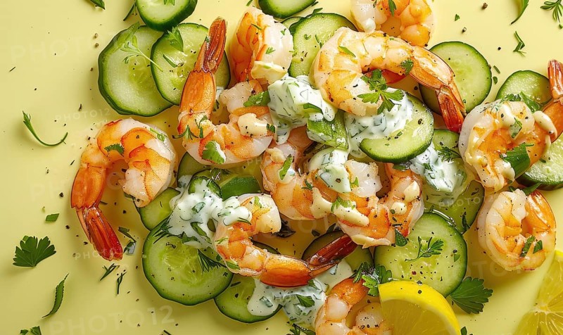 Shrimp and cucumber salad with yogurt dressing on a light yellow background AI generated