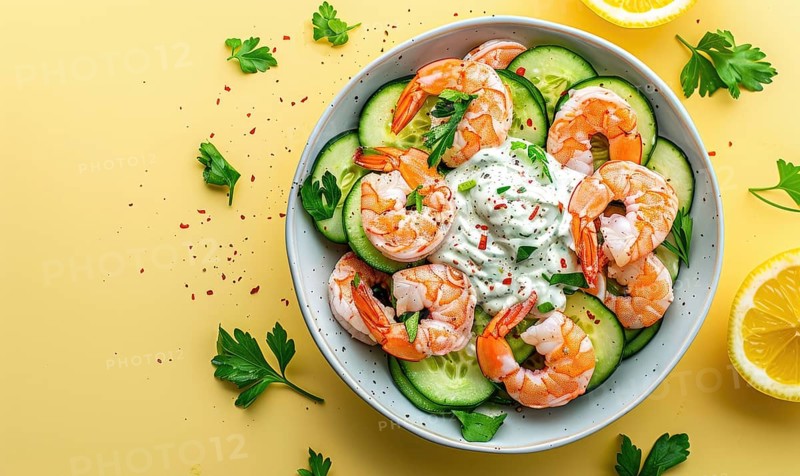 Shrimp and cucumber salad with yogurt dressing on a light yellow background AI generated