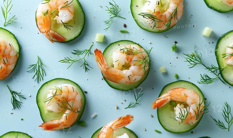 Shrimp and cucumber bites with dill on a light blue background AI generated