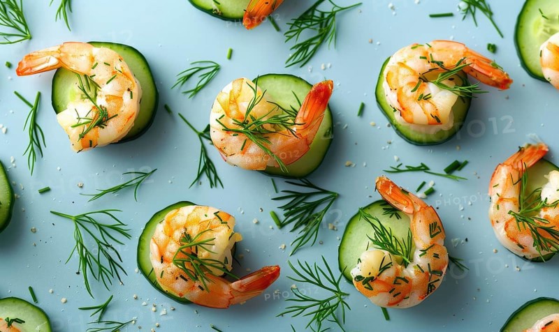 Shrimp and cucumber bites with dill on a light blue background AI generated