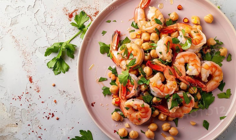 Shrimp and chickpea salad with parsley on a pastel pink plate AI generated