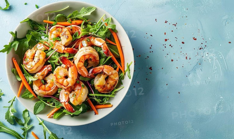 Shrimp and carrot salad with ginger dressing on a light blue background AI generated