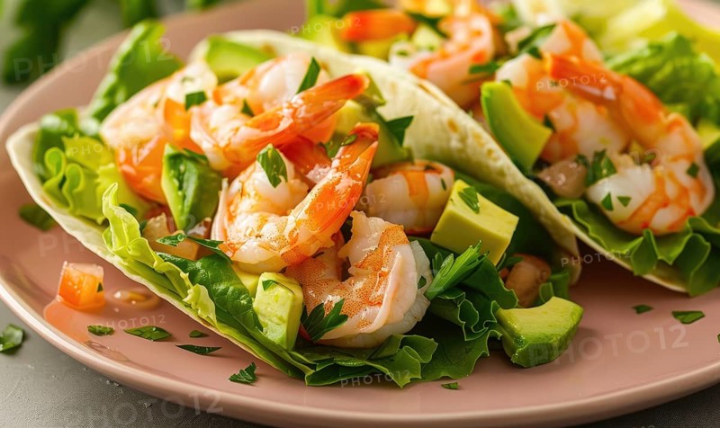 Shrimp and avocado salad wraps with lettuce on a pastel pink plate AI generated