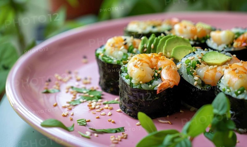 Shrimp and avocado rolls with seaweed on a pastel pink plate AI generated
