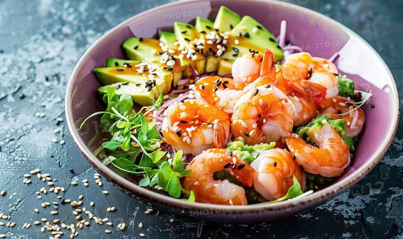 Shrimp and avocado poke bowl with sesame seeds on a pastel purple plate AI generated
