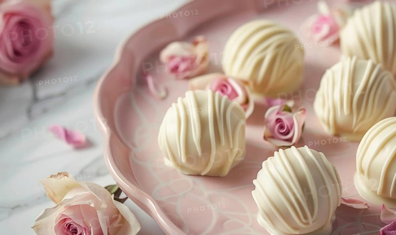 Rose and white chocolate truffles on a pastel pink plate AI generated