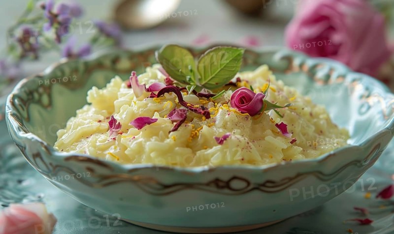 Rose and saffron rice pudding on a pastel green plate AI generated