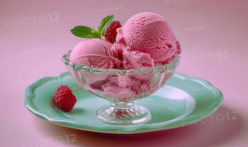 Rose and raspberry sorbet in a glass bowl on a pastel green plate AI generated