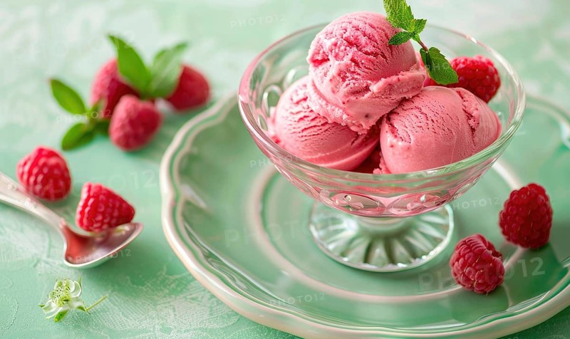 Rose and raspberry sorbet in a glass bowl on a pastel green plate AI generated