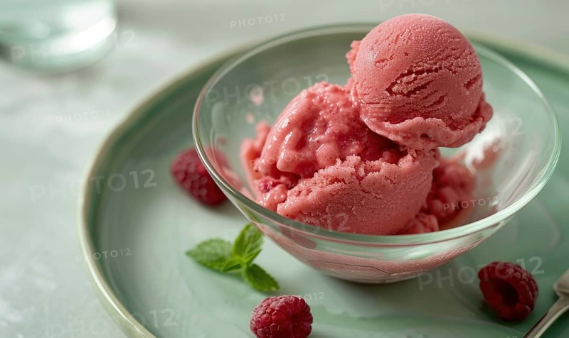 Rose and raspberry sorbet in a glass bowl on a pastel green plate AI generated