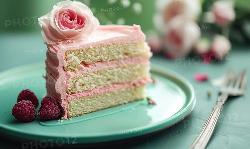 Rose and raspberry cake with rose frosting on a pastel green plate AI generated