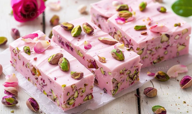 Rose and pistachio nougat on a light wooden background AI generated
