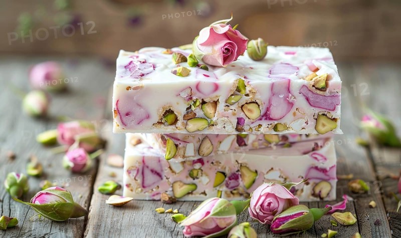 Rose and pistachio nougat on a light wooden background AI generated