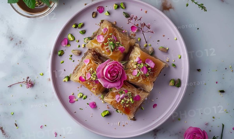 Rose and pistachio baklava on a pastel purple plate AI generated