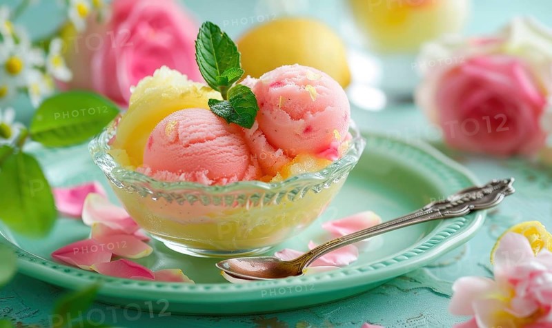Rose and lemon sorbet in a glass bowl on a pastel green plate AI generated