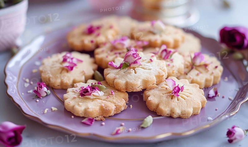 Rose and cardamom shortbread cookies on a pastel purple plate AI generated