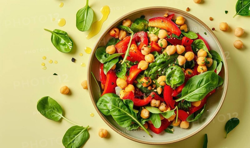 Roasted red pepper and chickpea salad on a light yellow background AI generated
