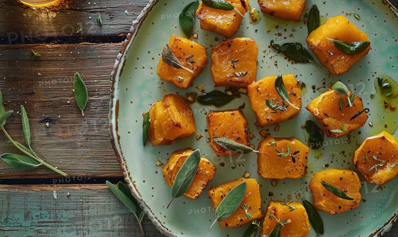 Roasted butternut squash bites with sage on a pastel green plate AI generated