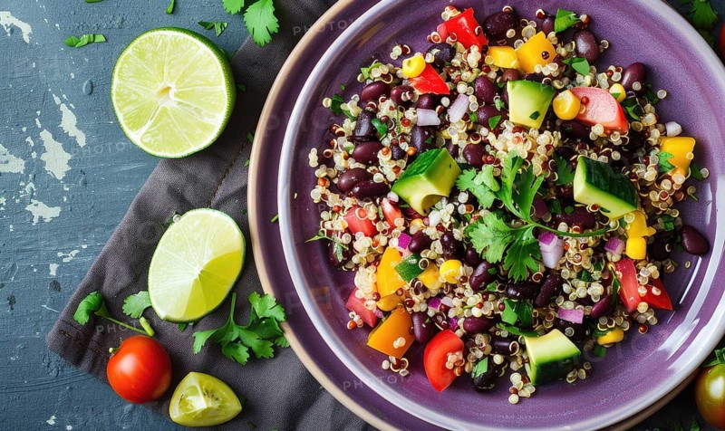 Quinoa and black bean salad with lime on a pastel purple plate AI generated