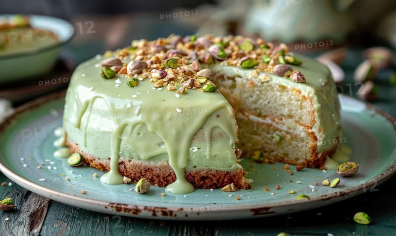 Pistachio yogurt cake with pistachio glaze on a pastel green plate AI generated