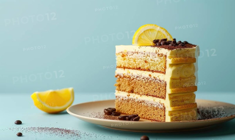 Lemon and coffee mousse cake with layers on a light blue background AI generated