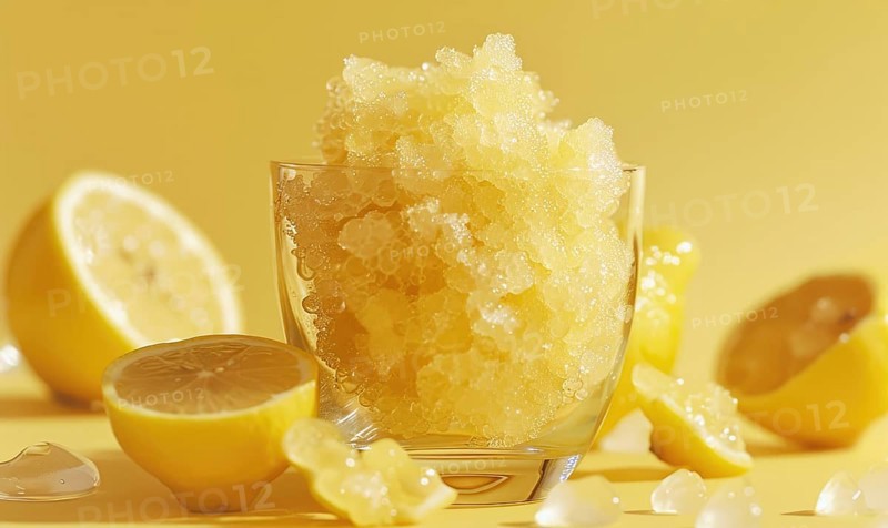 Lemon and coffee granita with lemon zest on a light yellow background AI generated