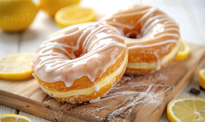 Lemon and coffee donuts with glaze on a light wooden background AI generated