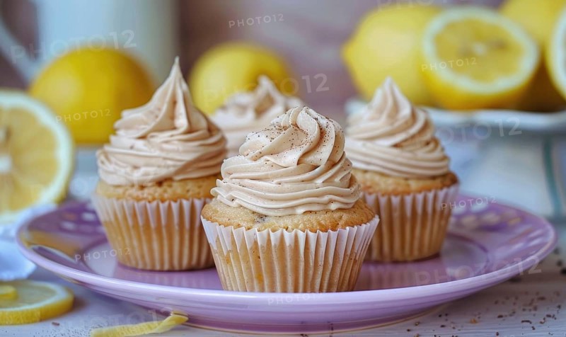 Lemon and coffee cupcakes with frosting on a pastel purple plate AI generated