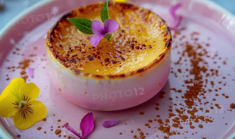Lemon and coffee creme brulee with caramelized top on a pastel pink plate AI generated