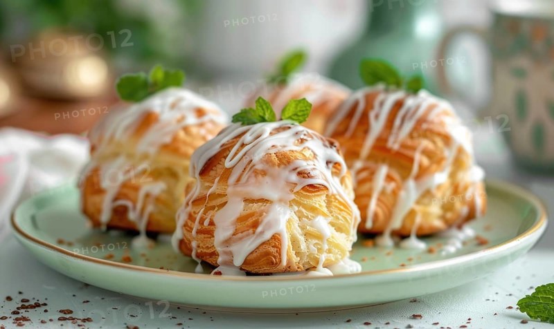 Lemon and coffee cream puffs with glaze on a pastel green plate AI generated