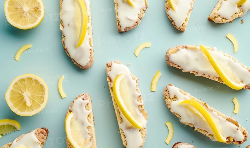 Lemon and almond biscotti with lemon glaze on a light blue background AI generated