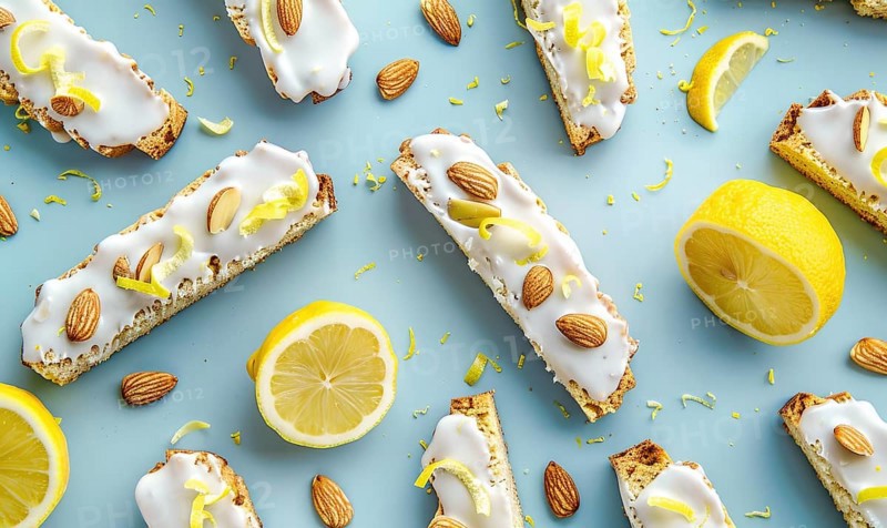 Lemon and almond biscotti with lemon glaze on a light blue background AI generated
