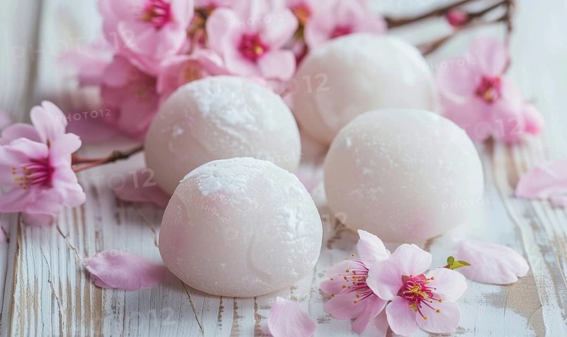 Japanese sakura mochi on a light wooden background AI generated