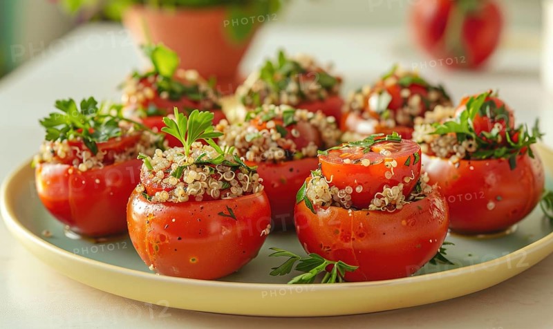 Cherry tomatoes stuffed with quinoa and herbs on a pastel yellow plate AI generated