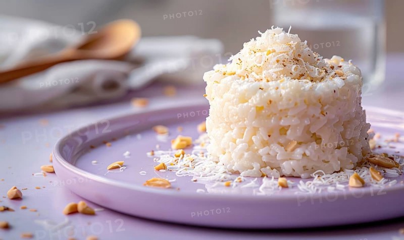 Brazilian arroz doce with coconut milk on a pastel purple plate AI generated