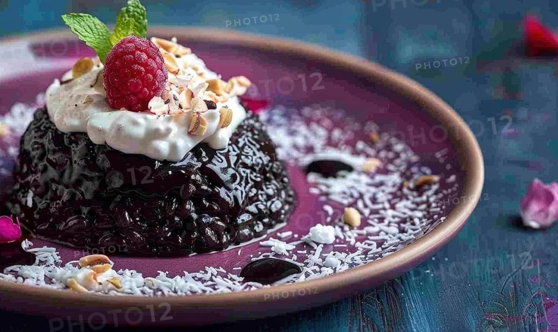 Black rice pudding with coconut cream on a pastel purple plate AI generated