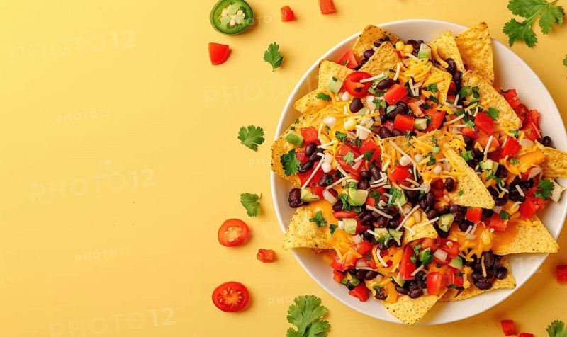 Bell pepper nachos with black beans and cheese on a light yellow background AI generated