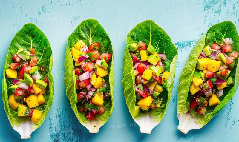 Avocado and mango salsa on endive leaves on a light blue background AI generated