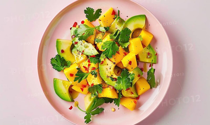 Avocado and mango salad with cilantro on a pastel pink plate AI generated