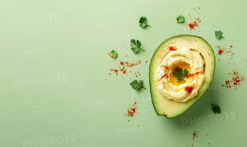 Avocado and hummus dip on a light green background AI generated