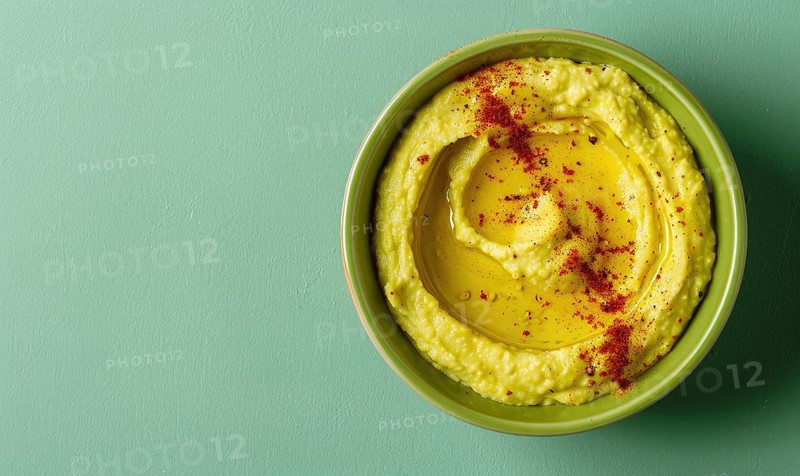 Avocado and hummus dip on a light green background AI generated