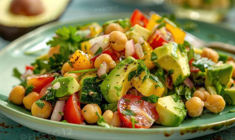 Avocado and chickpea salad on a pastel green plate AI generated