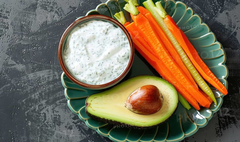 Avocado and carrot sticks with yogurt dip on a pastel green plate AI generated
