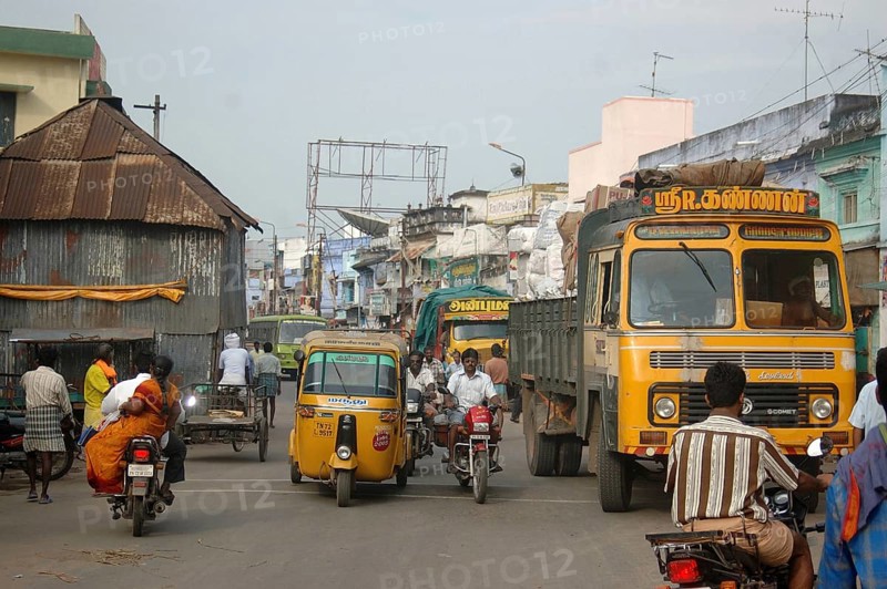 TAMIL NADU, INDIA, circa 2009: Traffic and pedestrians clash in the streets, circa 2009 in Tirunelveli, Tamil Nadu, India. India's population is more than 1.2 billion and growing