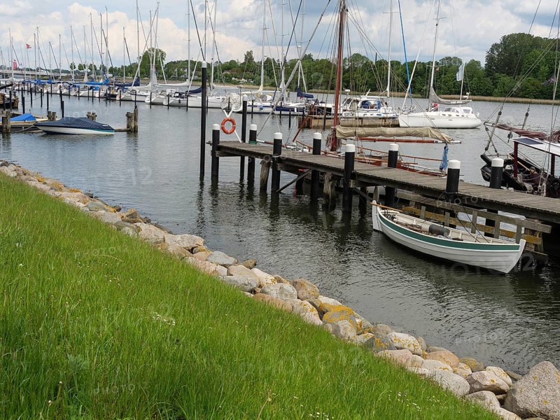 Boats at the dock in a quiet harbour surrounded by grass and a green waterfront, Kappeln, Schleswig-Holstein, Germany, Europe