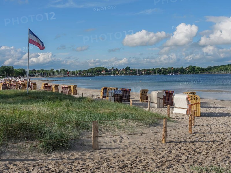 Beach with a row of beach chairs, a hedge, blue sky and clouds in the background, Eckernförde, Schleswig-Holstein, Germany, Europe